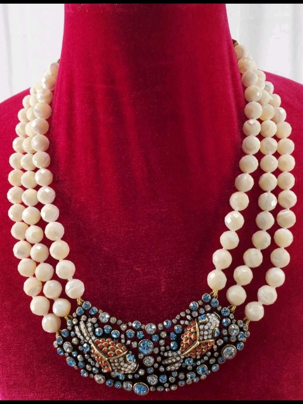Heidi Daus Mother Of Pearl Triple-Strand Beaded "The Reel McKoi Koi Necklace"